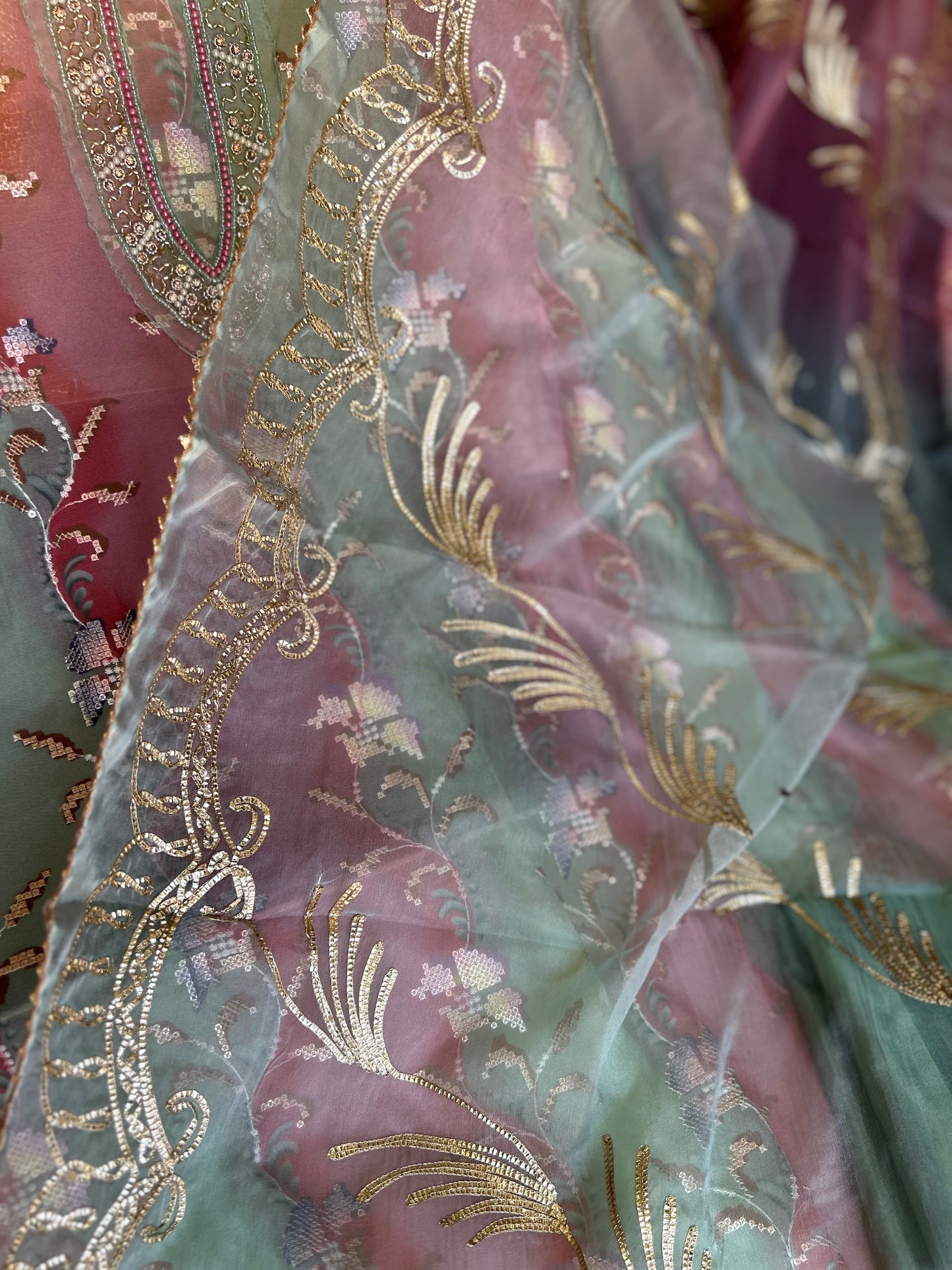 Delightful green pink Unstitched suit