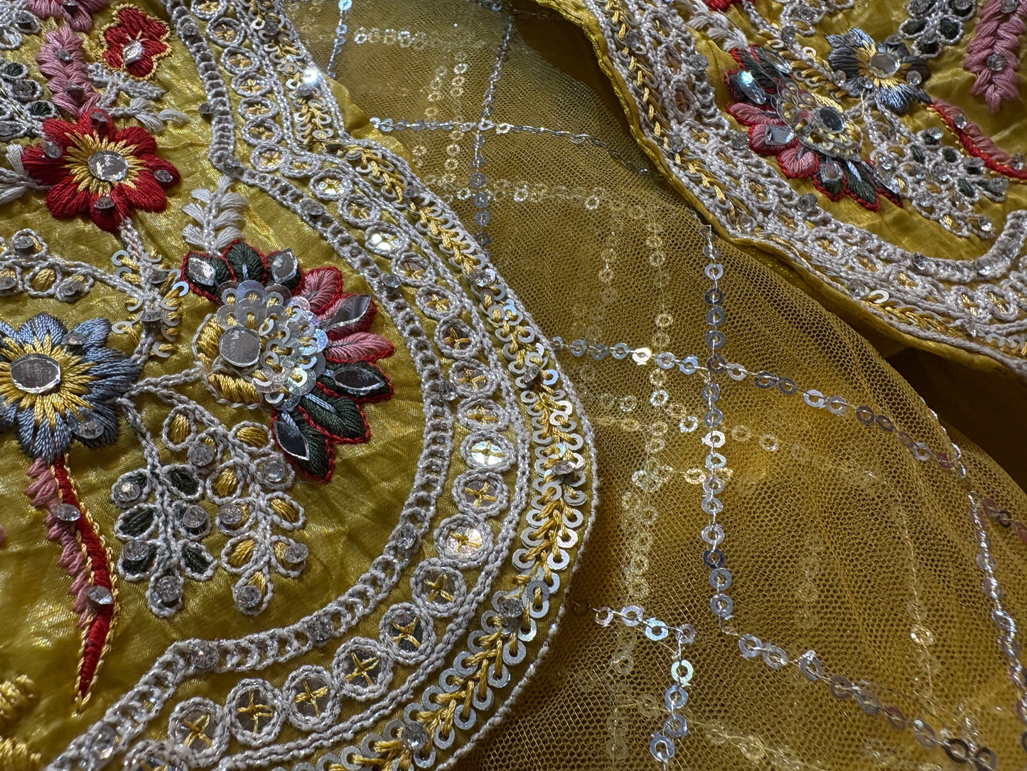 Yellow haldi mehendi shrug crop top Lehenga