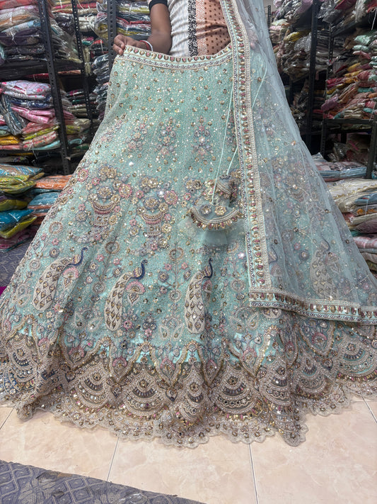 Big flare blue peacock crop top Lehenga