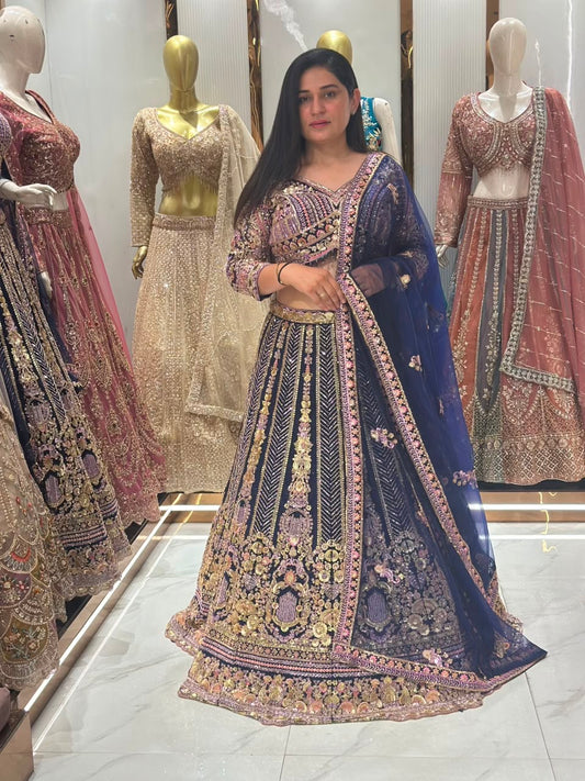 Navy blue beads Crop Top Lehenga