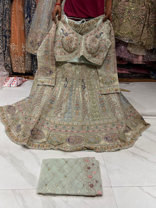 Sky Blue Peacock Crop Top Lehenga
