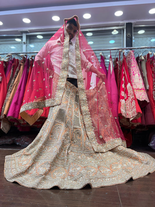 Amazing peach orange golden zardozi dabka handwork handmade bridal Lehenga
