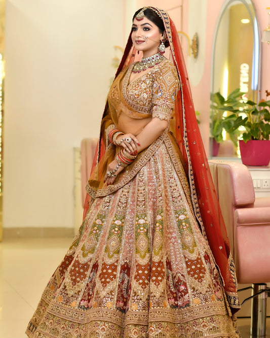 Embellished golden pink peacock Crop top Lehenga happy customer