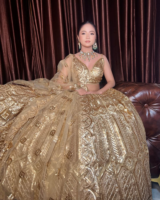 Glamorous Golden On Golden monotone Crop Top  lehenga Happy Customer