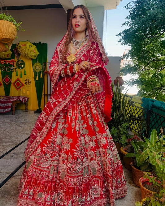 Gorgeous red peacock Double dupatta Silk Bridal Lehenga ( Happy Customer )