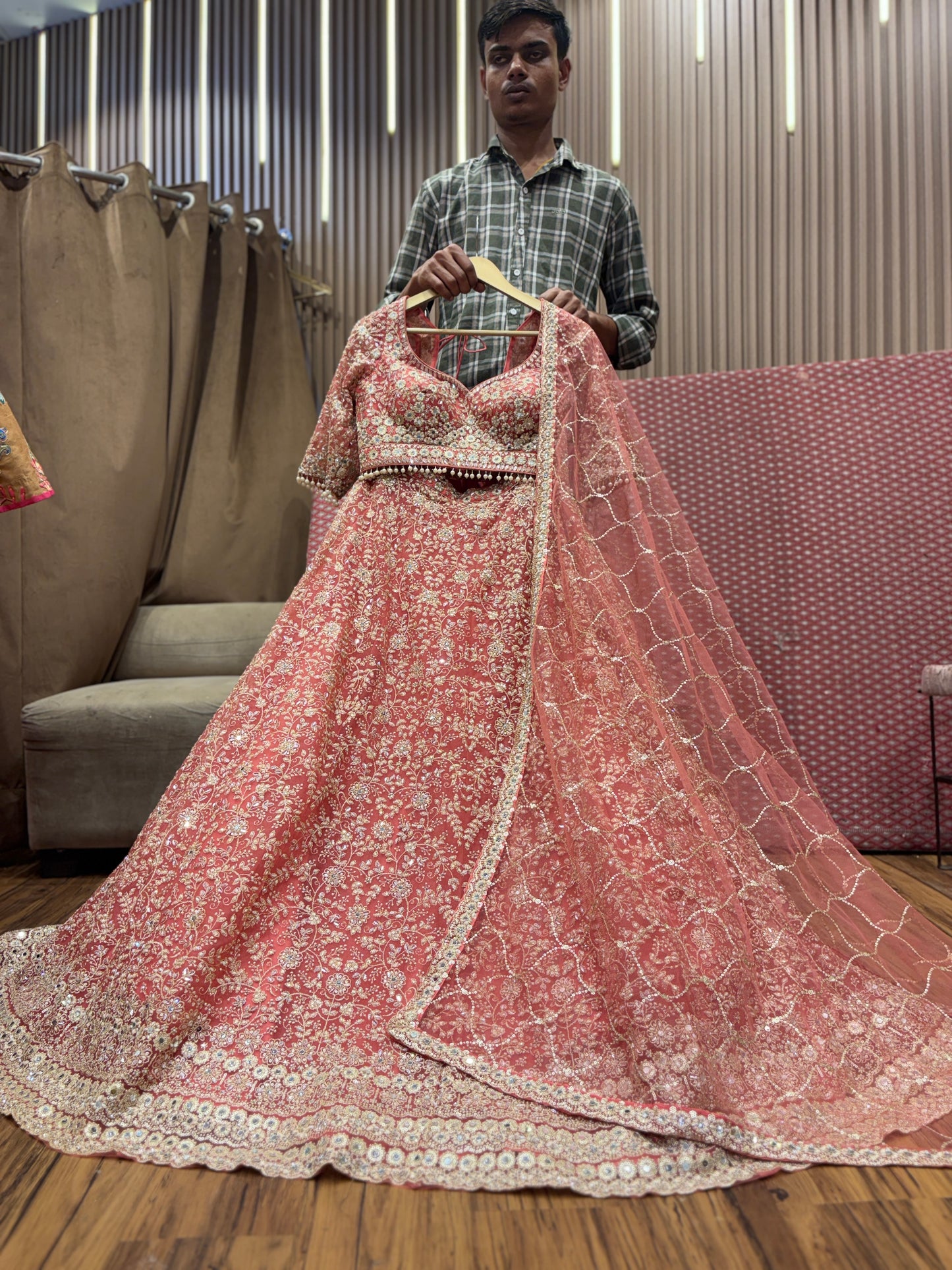 Majestic orange pink crop top Lehenga