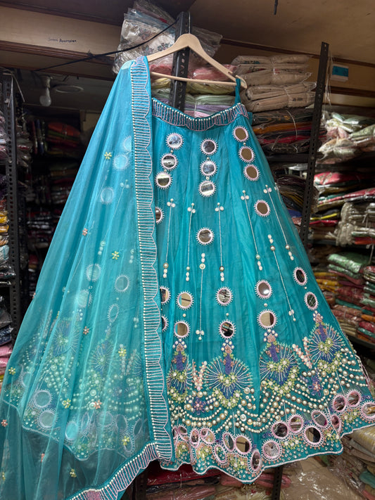 Beautiful Sky blue pdp mirror work Lehenga