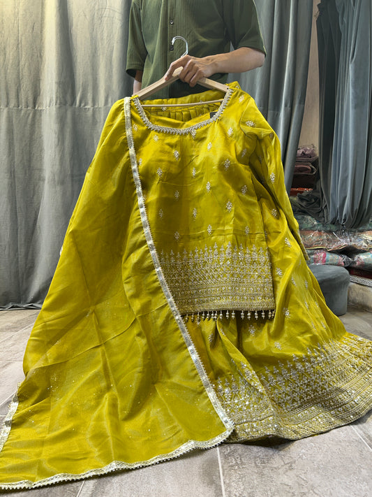 Stunning yellow haldi mehendi peplum dress lehenga