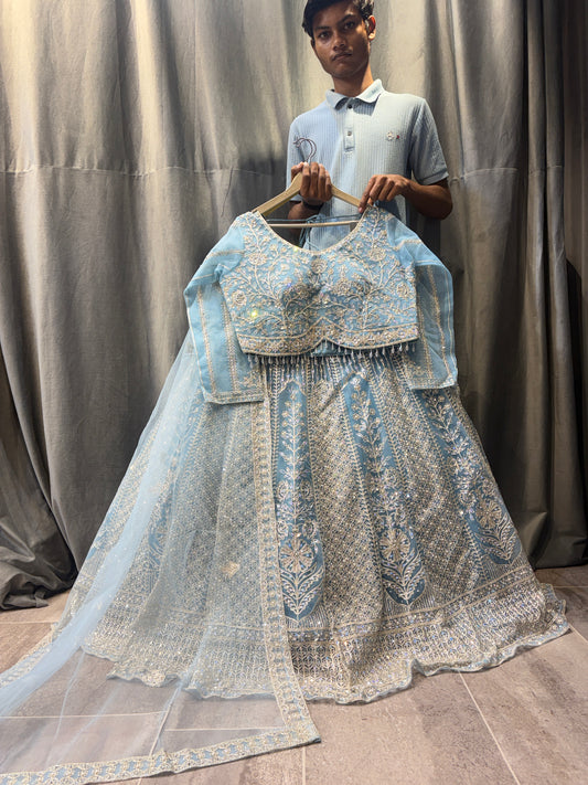 Astonishing Sky blue Crop Top Lehenga