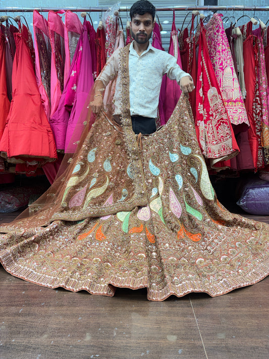 Awesome mustard zardozi dabka handwork handmade bridal Lehenga