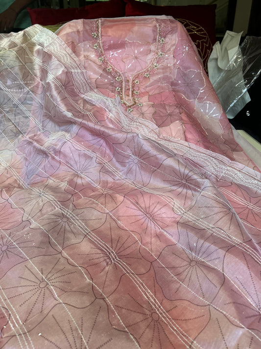 Floral Beads & Stones baby pink Unstitched suit Dress Material