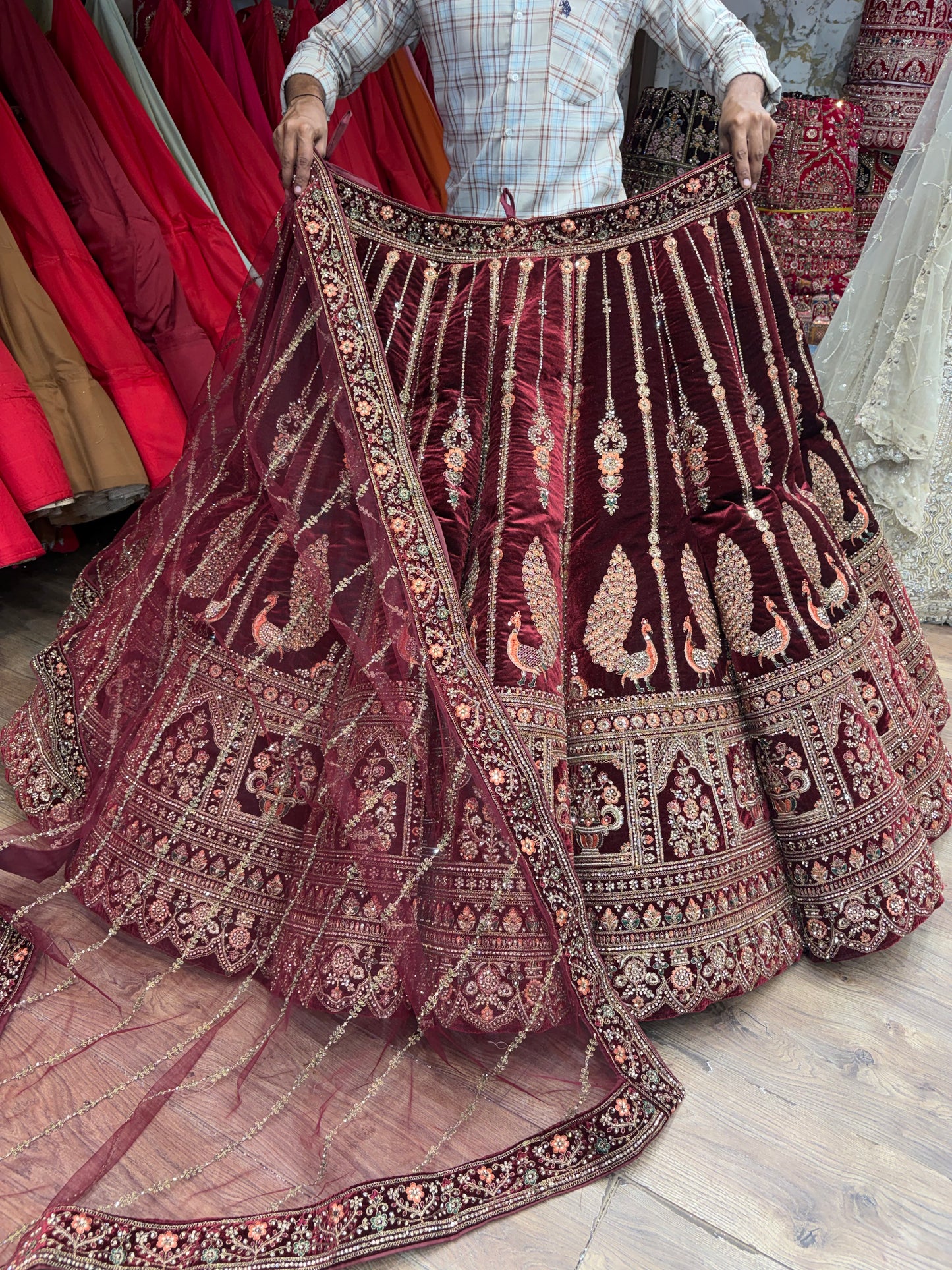 Dark Maroon Peacock Ball Bridal Lehenga - Shopping World