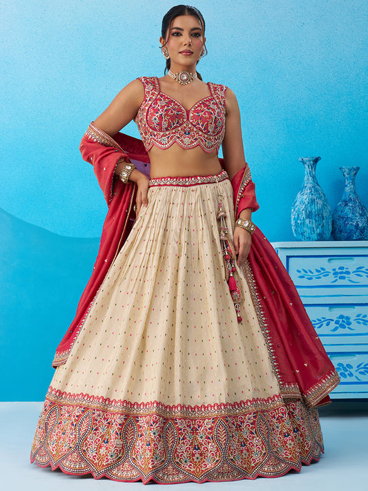 Cream- Jacquard Tissue Sequinned Thread & Embroidered Lehenga 6231