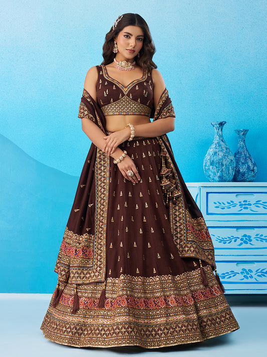 Brown- Chinnon Silk Sequinned Thread & Zari Embroidered Lehenga 6213
