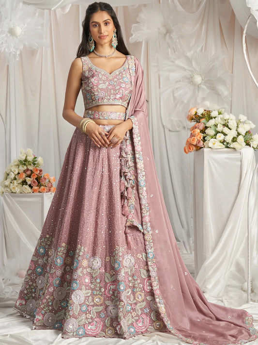 Multi-Color Thread,Sequin Heavy Embroidered Pastel Color Chiffon Semi Stitched pink Lehenga
