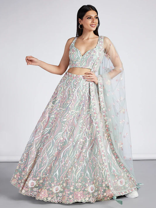Bright Sequin, Golden-Sliver Threaded Embroidered Georgette sea green white girlish Lehenga