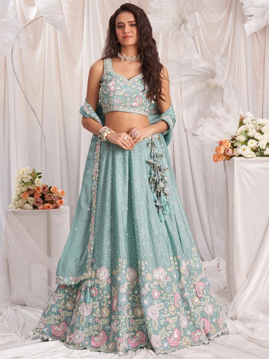 Multi-Color Thread,Sequin Heavy Embroidered Pastel Color Chiffon Semi Stitched sky blue Lehenga