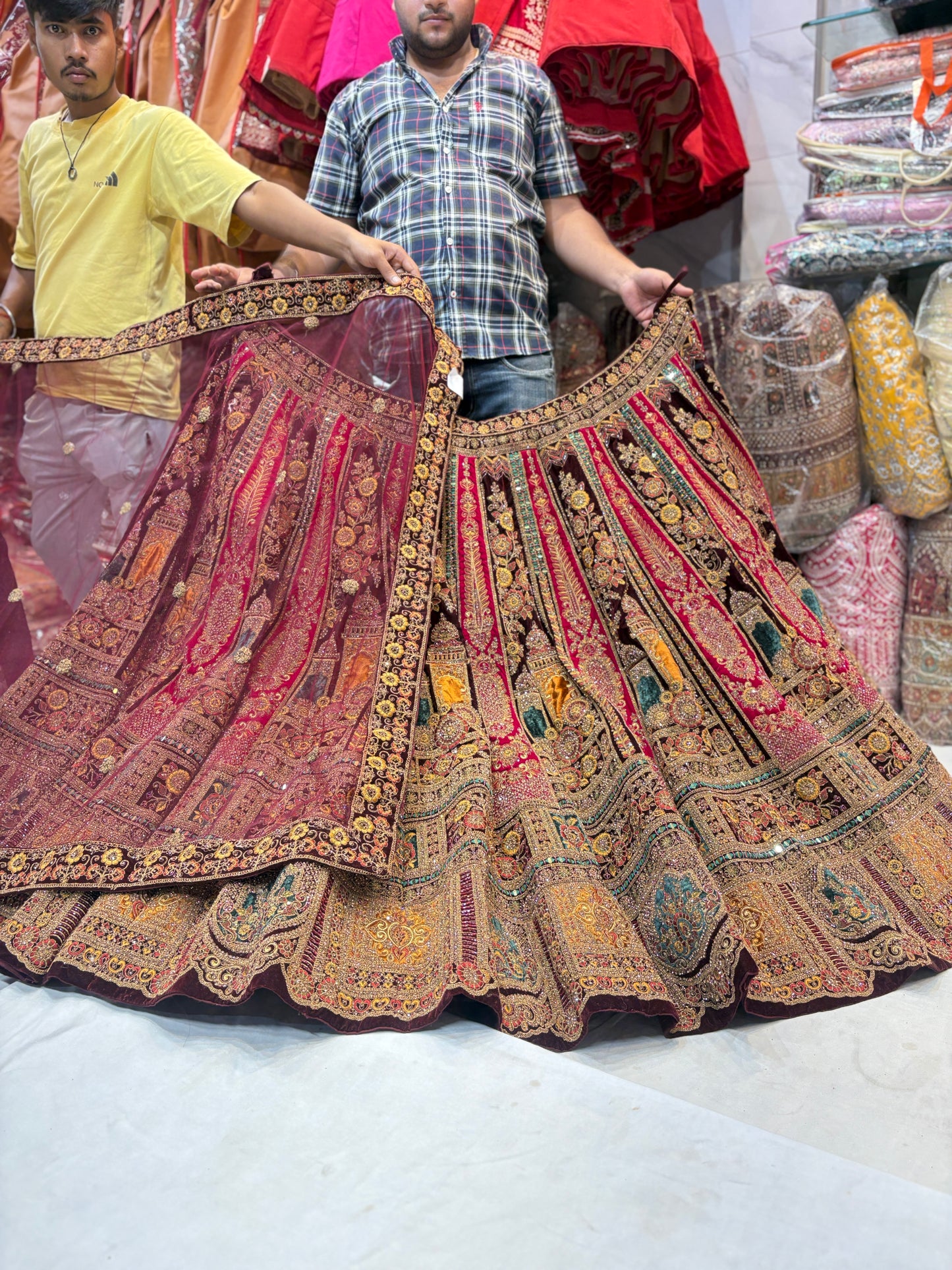 Lavishing maroon mustard bridal Lehenga