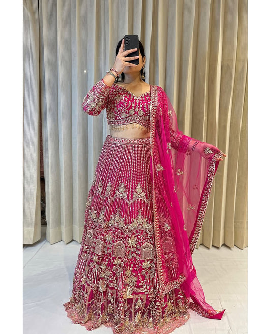 Mandir Handwork Hot pink Crop top Lehenga Happy Customer