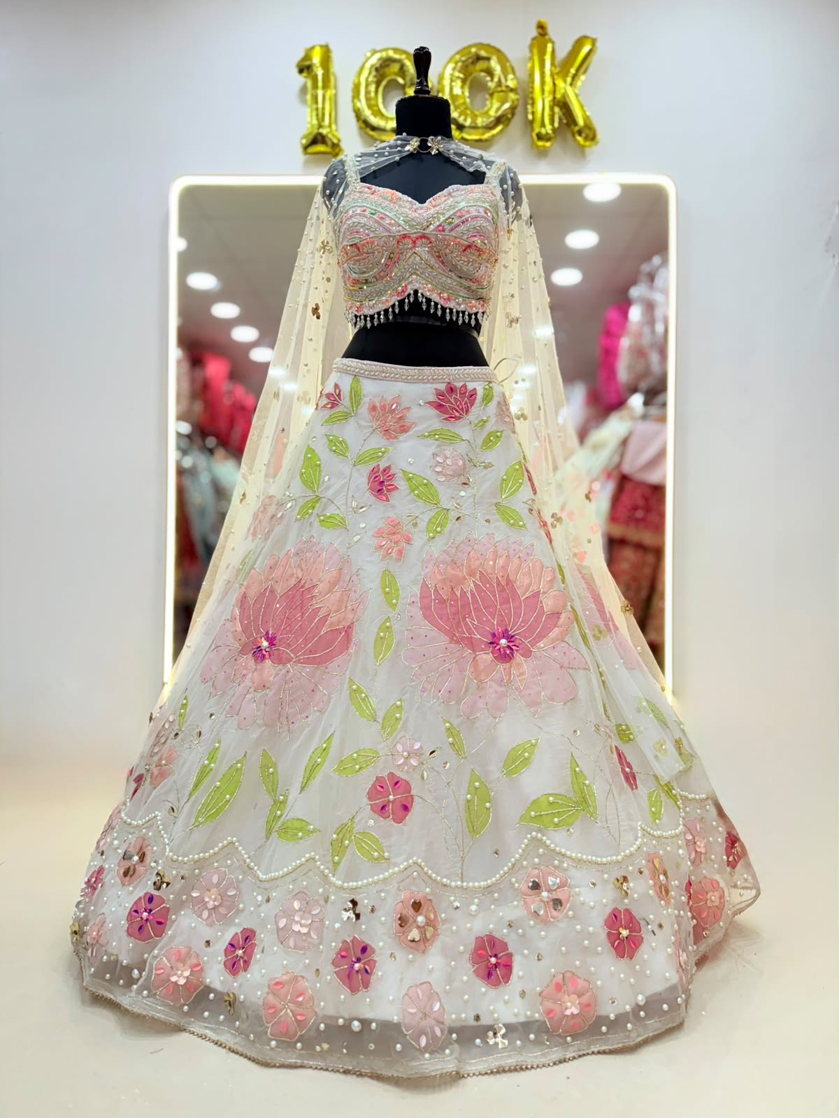 White Pink Pearl Pdp Crop Top Lehenga