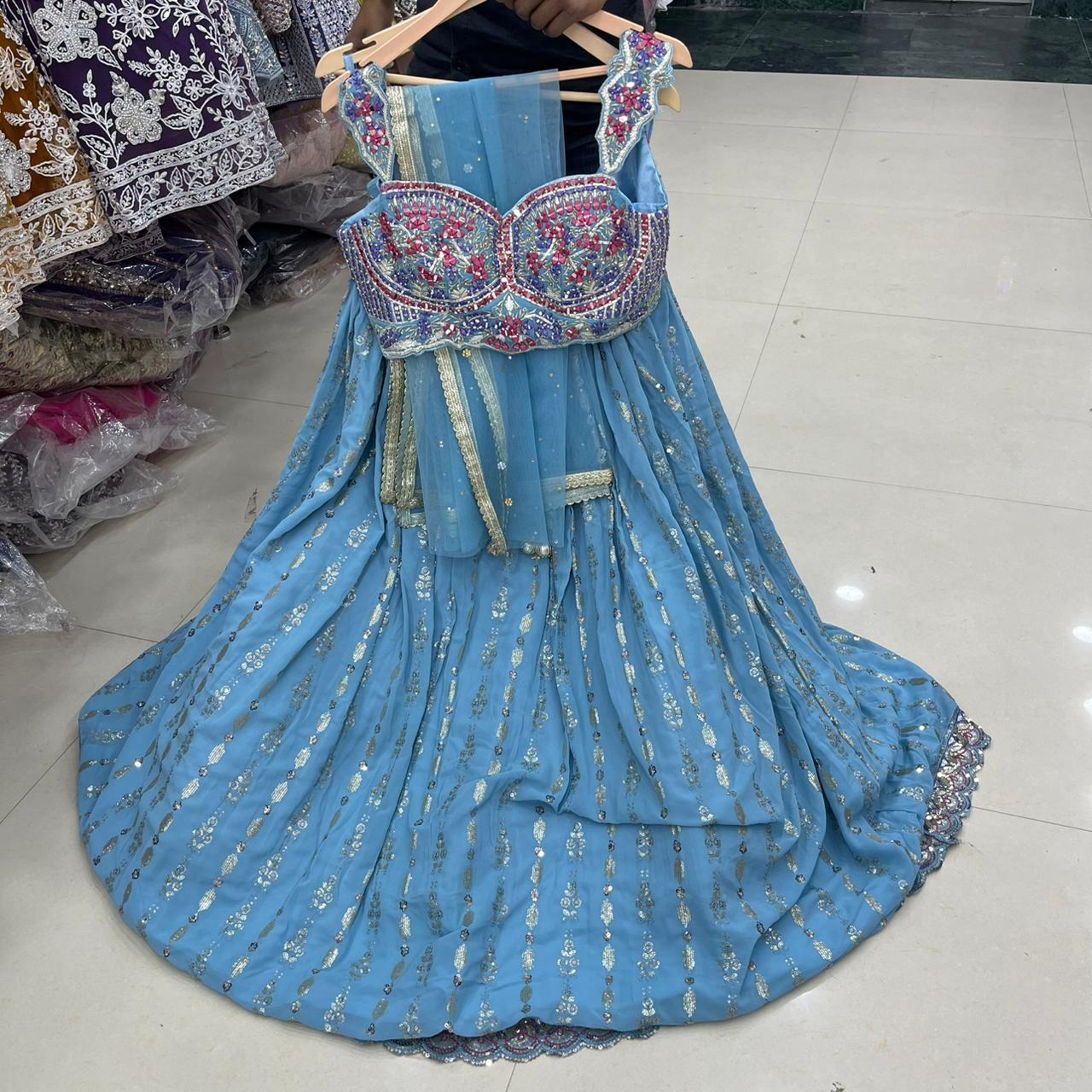 Pink peach silver blue heavy blouse Crop Top Lehenga