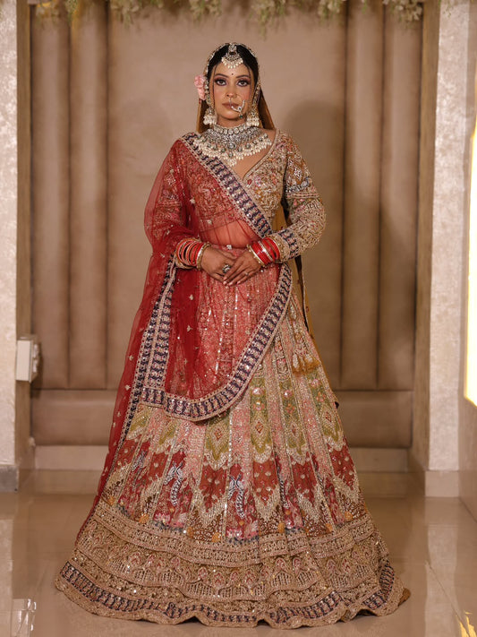 Majestic golden Pink peacock Double Duptta Crop Top Lehenga Happy Customer