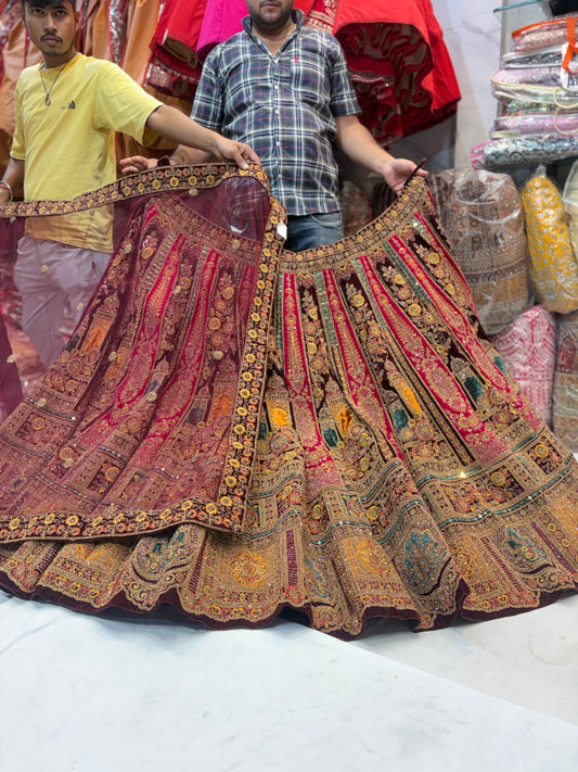Lavishing maroon mustard bridal Lehenga