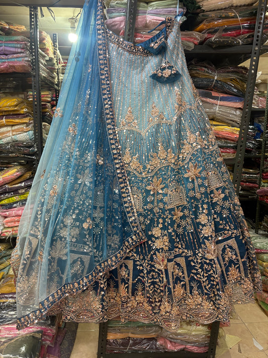 Embellished Blue Double Shade Crop Top Lehenga