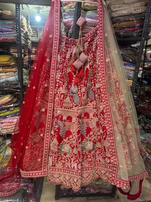 Fantastic Red Handwork Beats peacock Double Duptta Lehenga