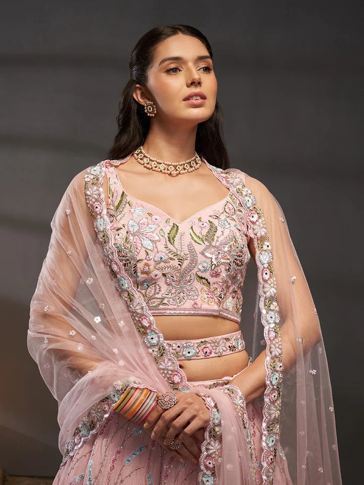 Pure Chiffon Multi-Color Thread-Sequin Mirror-Zarkan Embroidery Semi Stitched pink Lehenga