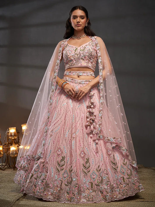 Pure Chiffon Multi-Color Thread-Sequin Mirror-Zarkan Embroidery Semi Stitched pink Lehenga