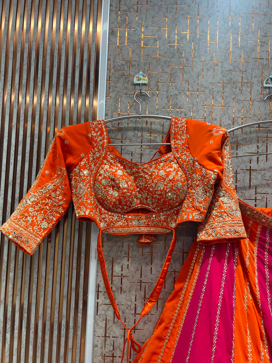 Rust orange multicolour Crop Top Lehenga
