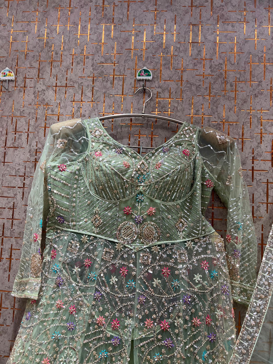 Pista Green Farshi Garara Muslim Special Long Peplum Dress Lehenga
