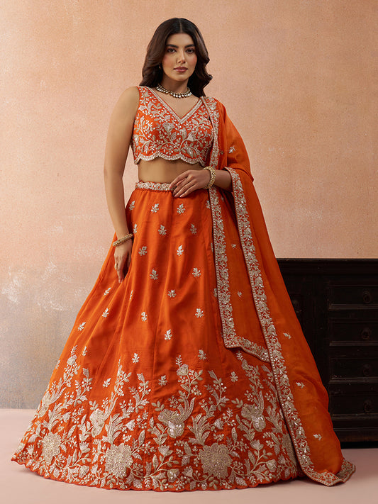 Rust Orange- Tissue Sequinned with Zari Embroidered Lehenga 6309
