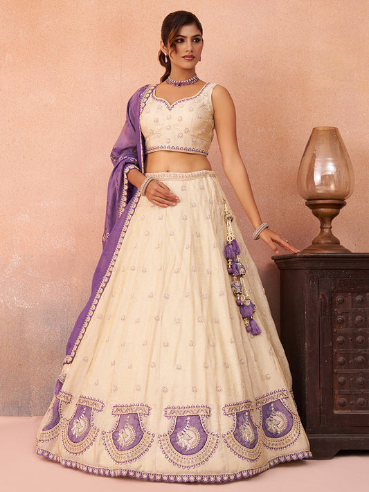 Cream purple- Jacquard Heavy Beads with Sequins Embroidered Lehenga 6174