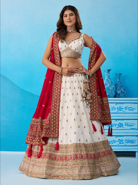 Cream White- Chinnon Silk Sequinned Thread & Zari Embroidered Lehenga 6213