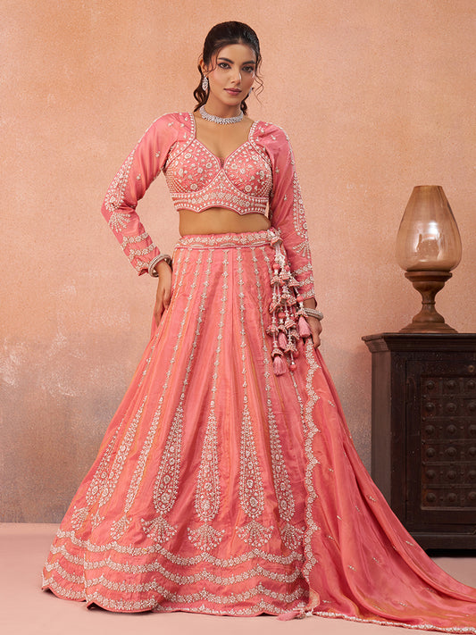 Peach- Tissue Beads & Sequins Embroidered Lehenga 6222