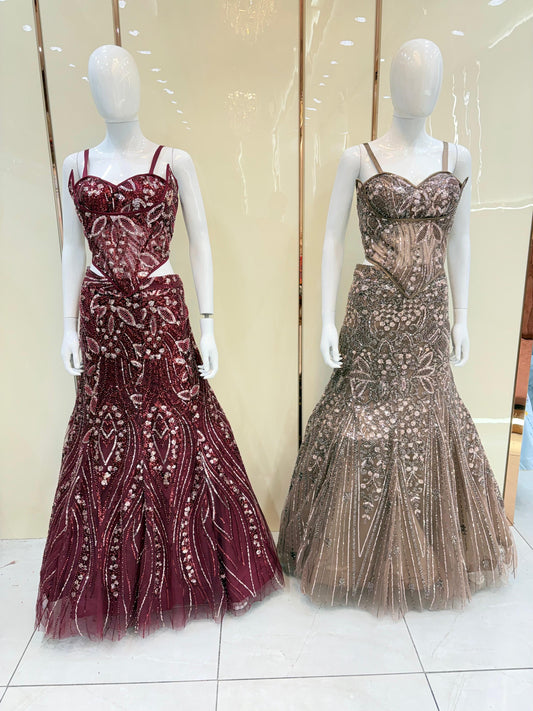 Maroon Golden Black Mustard Fish cut Crop Top Lehenga
