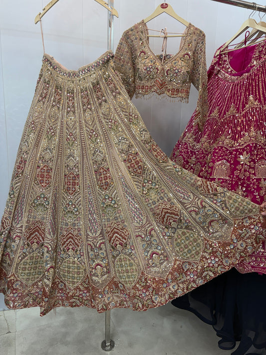 Beautiful Beige Golden Crop top Lehenga