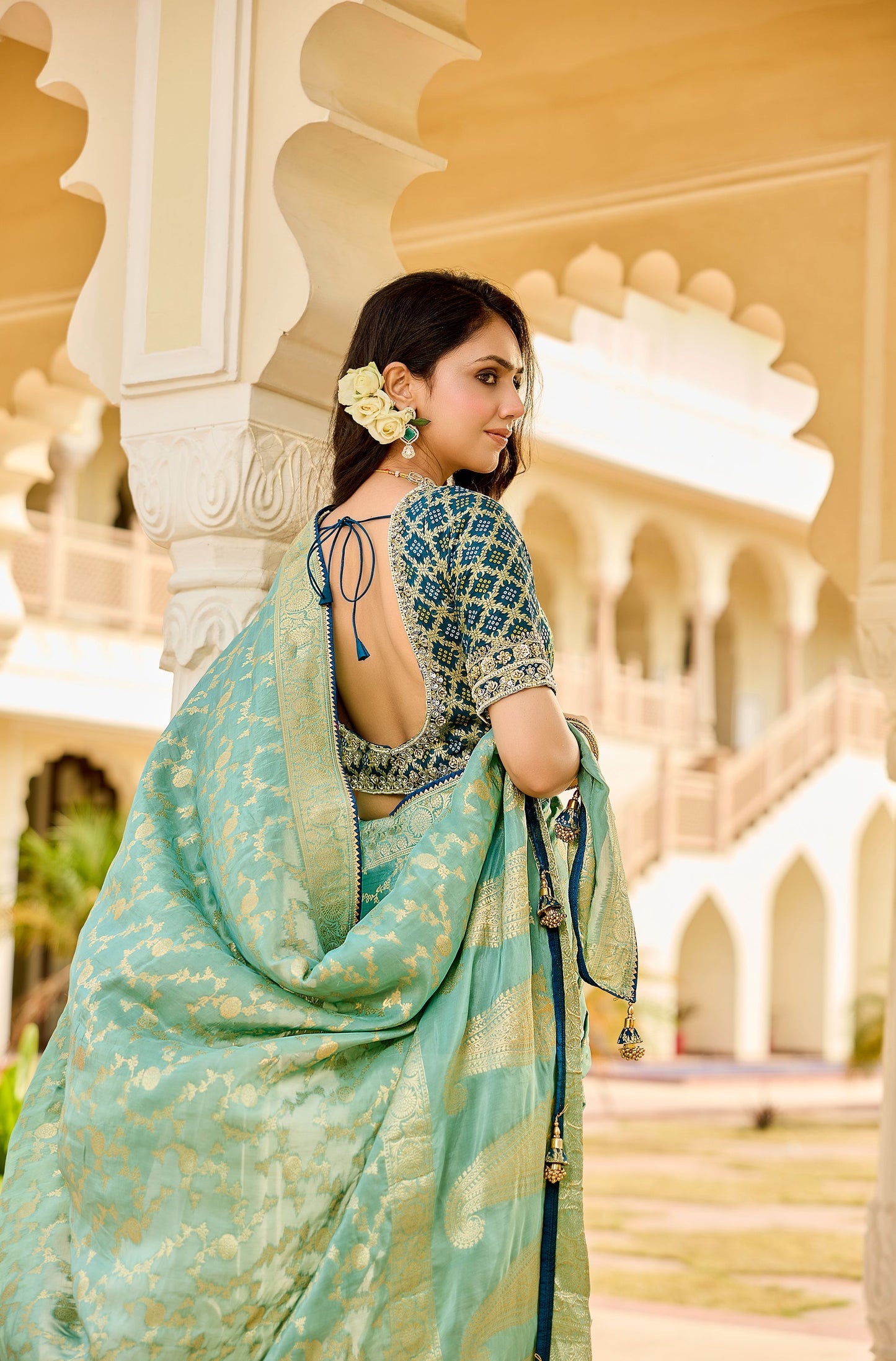 Green Viscose Saree with bead work 6119