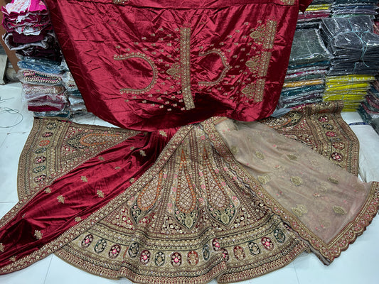 Amazing ivory maroon double duptta lehenga