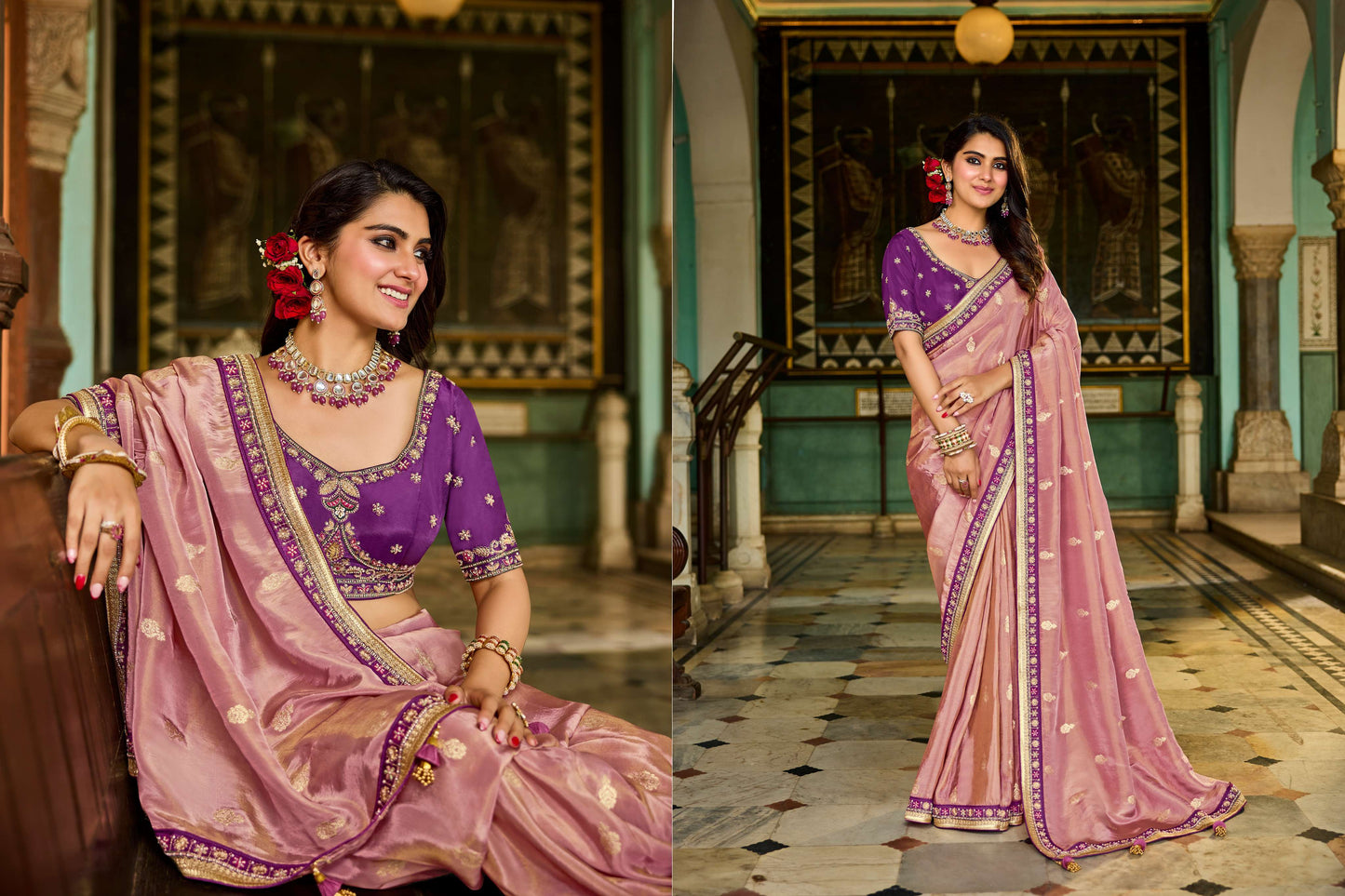 Pink Viscose Saree with bead work 6123