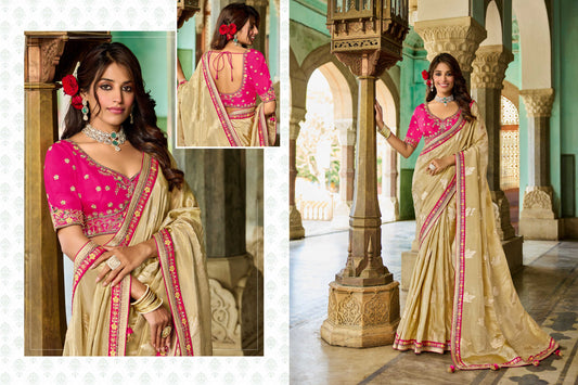 Beige golden Viscose Saree with bead work 6124