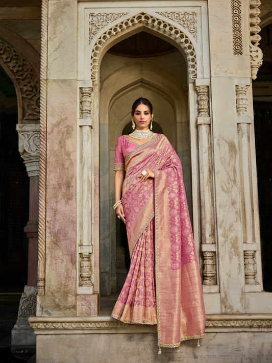 Pink Viscose Saree with bead work 6173