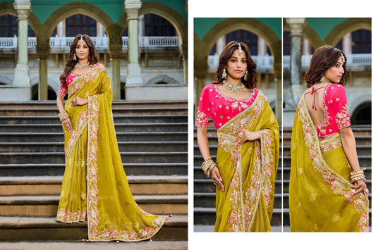 Yellow Haldi mehendi Viscose Saree with bead work 6183