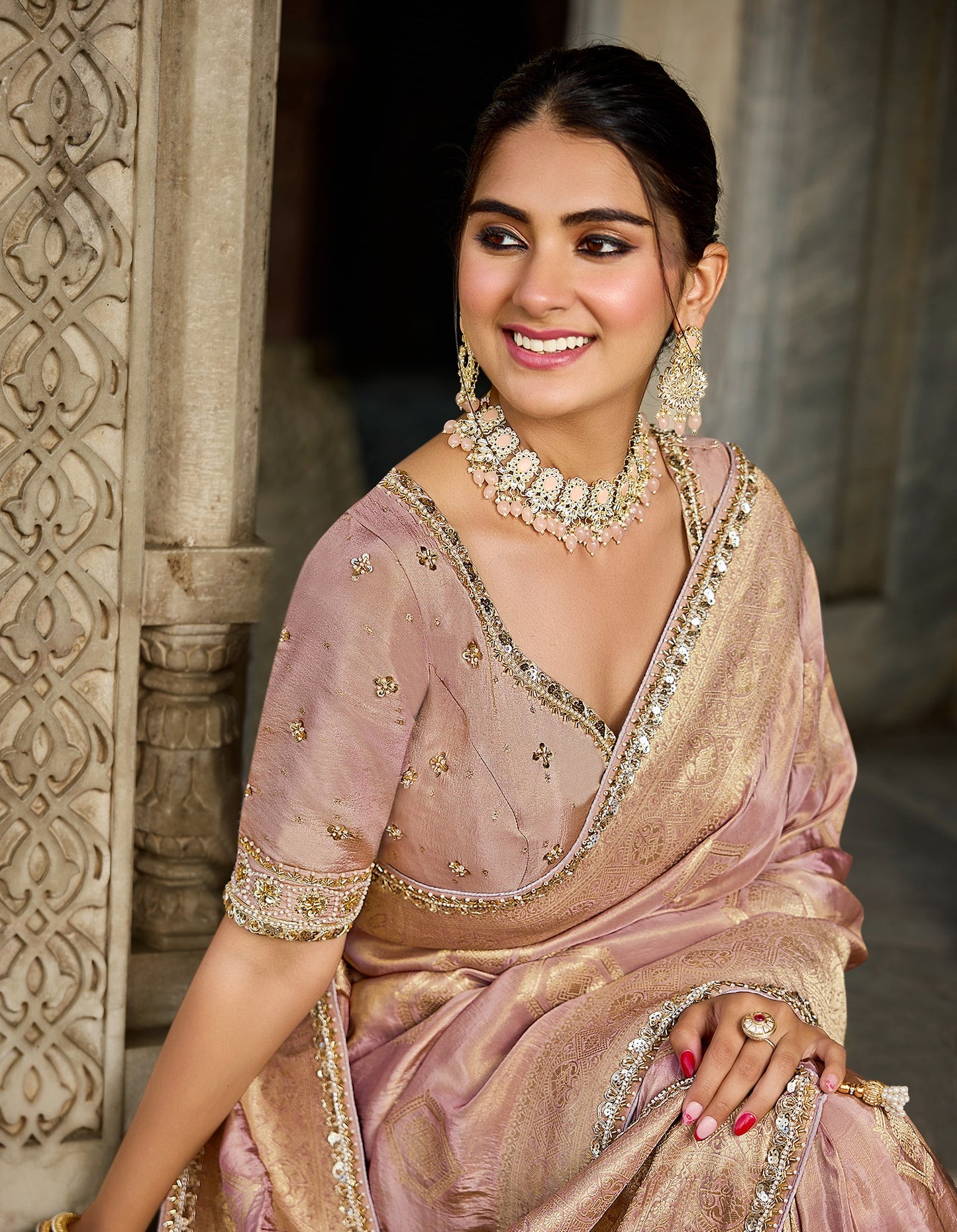 Pink Viscose Saree with bead work 6187