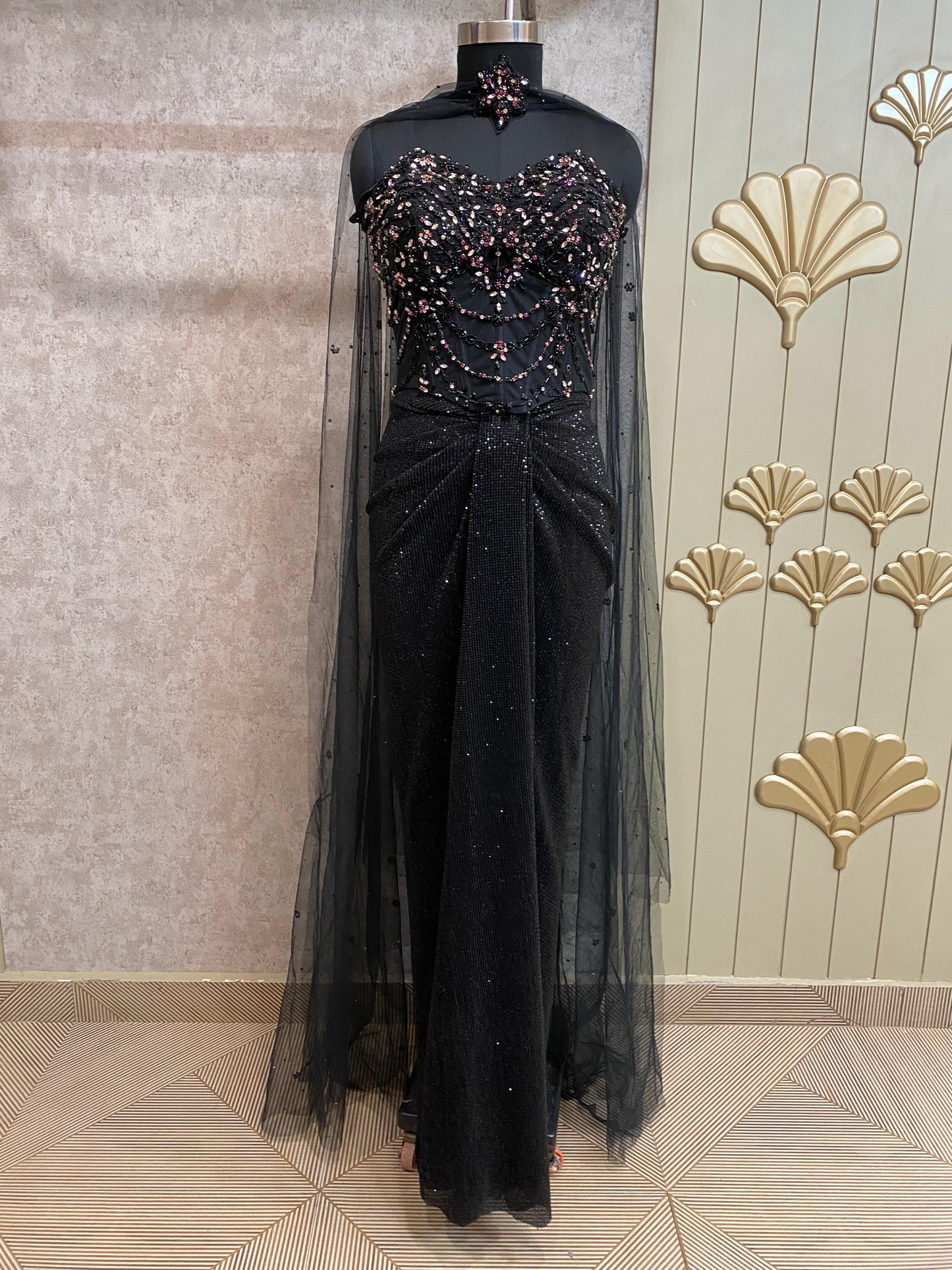 Black Designer Ready To Wear Drape Saree