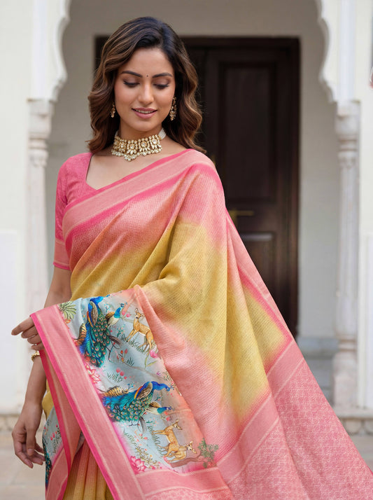 Rama green mustard yellow SILK PICHWAI PRINT Saree 6284 - Shopping World