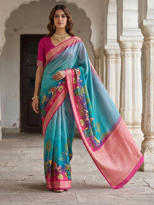 Rama green mustard yellow SILK PICHWAI PRINT Saree 6284 - Shopping World