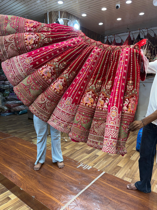 Maroon Pink Red Multikali Ball Bridal Lehenga